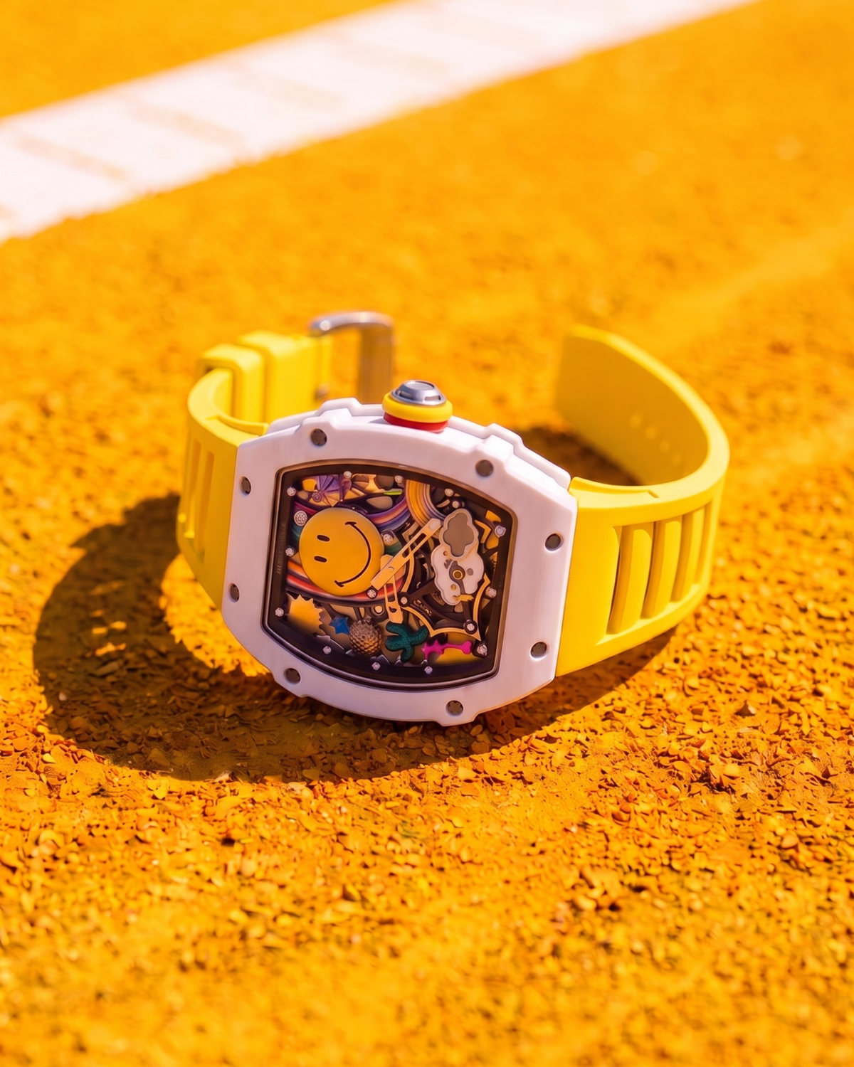 Yellow colorful graphic wristwatch with a smiley face design on a bright orange sand background