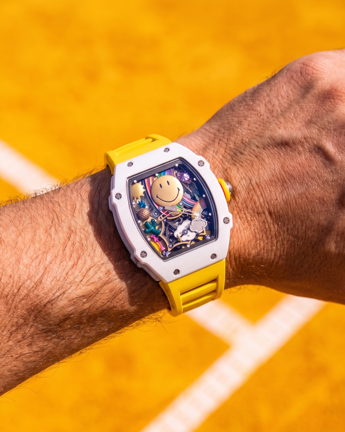 Yellow sports watch with a colorful smiley face and celestial design on a wrist.