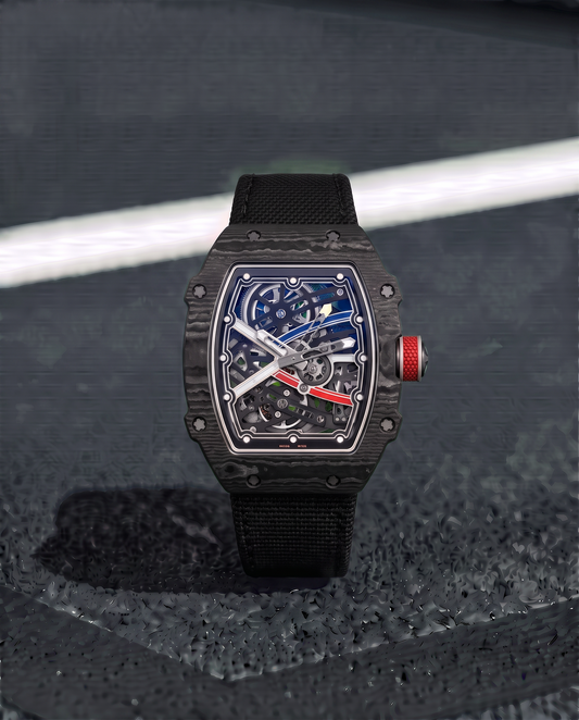 Skeleton luxury men's watch with black carbon fiber case and red accent crown