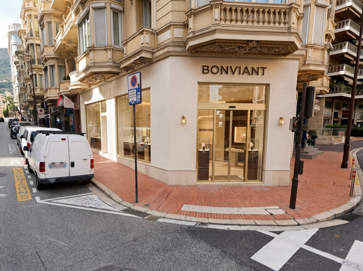 Exterior storefront of Bonviant jewelry boutique on a city corner with glass display windows.